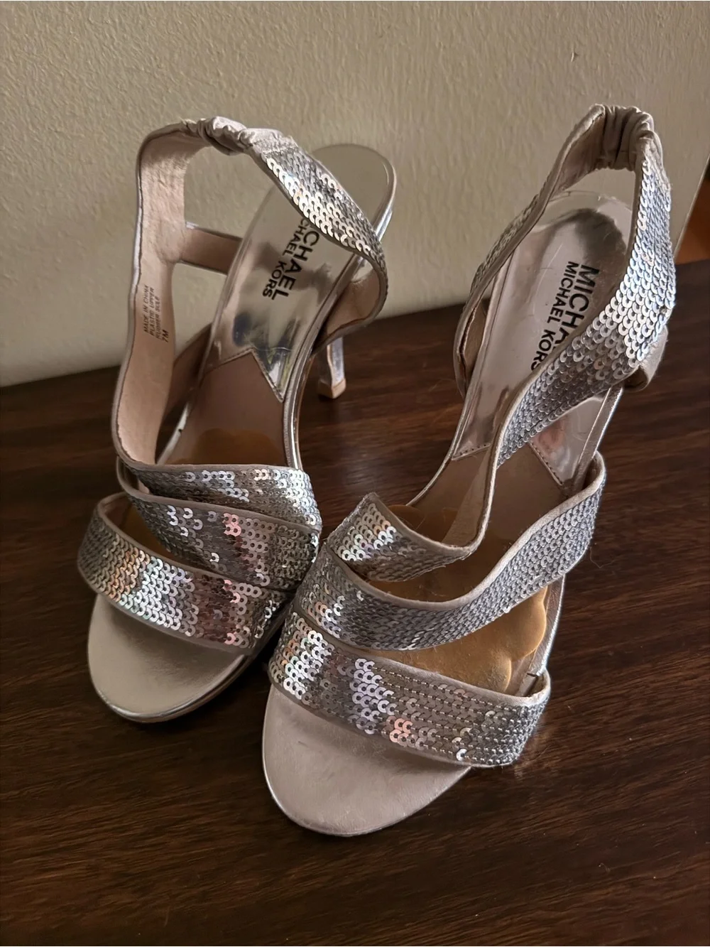 Michael Kors Silver Sequin Strappy High Heels for Women